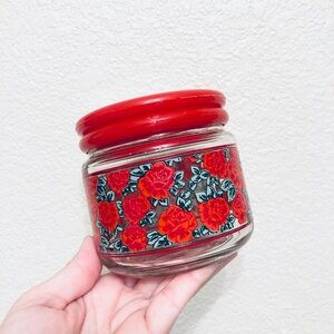 Vintage 80's Glass Storage Jar Container Red Roses plastic lid  4”